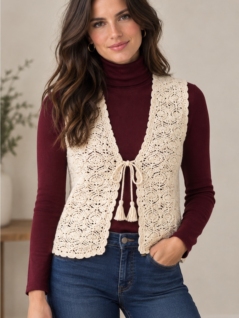 American Eagle Outfitters Cream Crochet Tie-Front V-Neck Vest